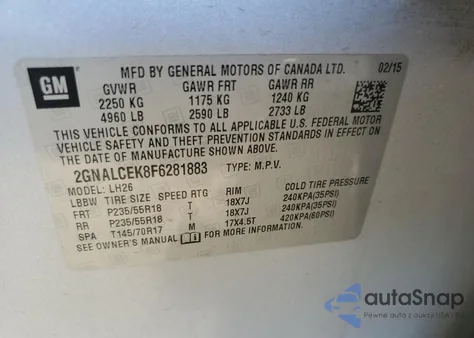 2015 Chevrolet Equinox Lt from USA, damaged, VIN 2GNALCEK8F6281883